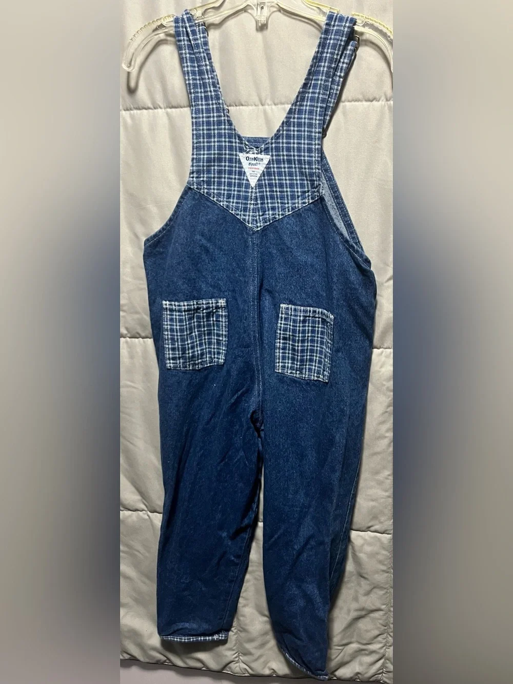 Vintage 90s OshKosh B’Gosh Denim Overalls Size 7 Plaid Accent Kids